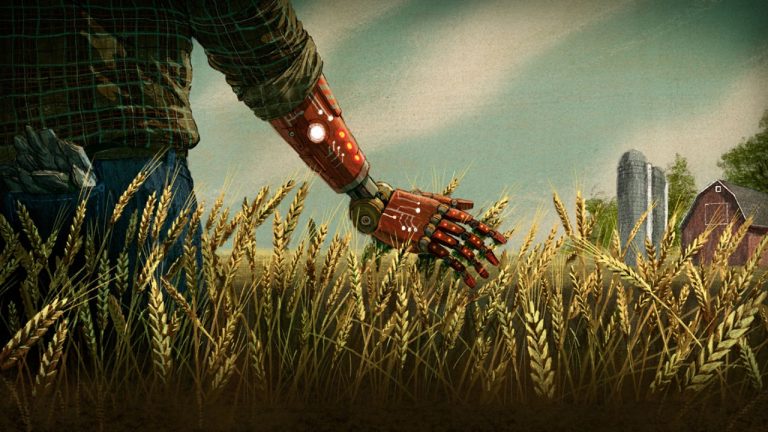 Robot walking through a field of wheat.